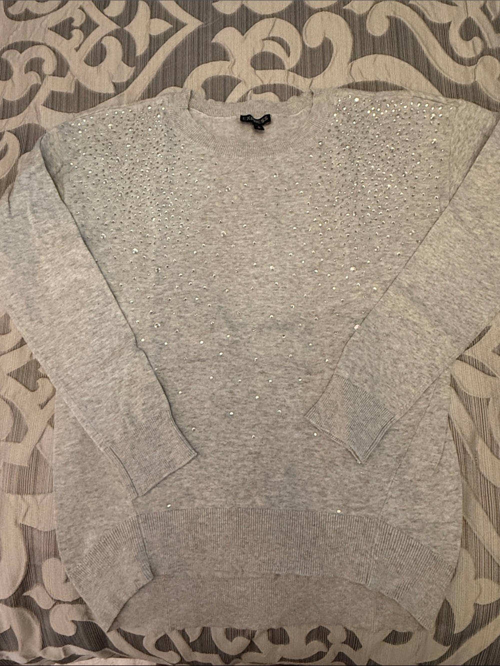 Express Light Gray Crewneck Sweater with Rhinestone Detail